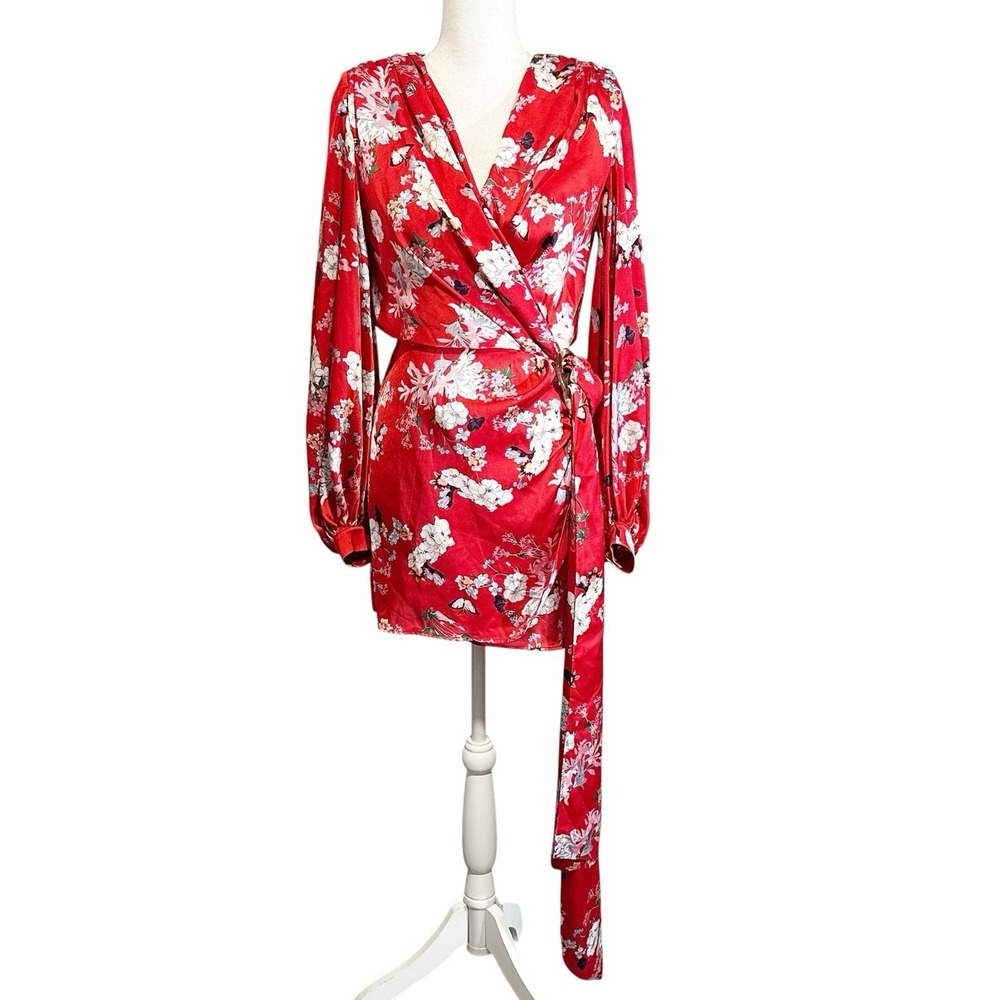 Bronx and Banco Tokio Floral Satin Mini Dress Red Long Sleeve Wrap Belt XS Party